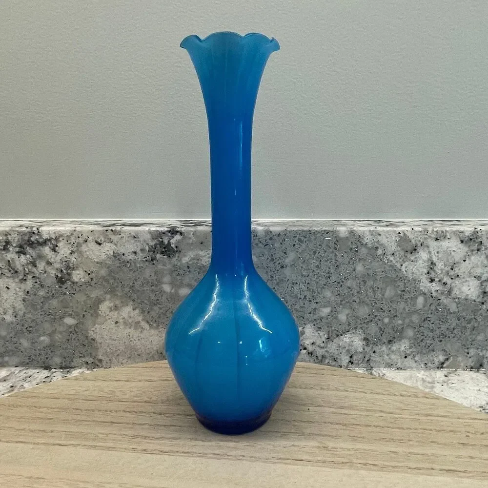 Vintage Slim Neck Skinny Blue White Glass Vase